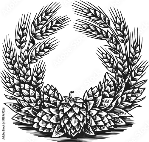 Wheat ears and hop cone wreath in vintage black and white engraving for brewing and agriculture