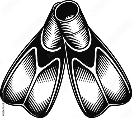Diving fins illustration black and white detailed vintage swim flippers for snorkeling and underwater activities