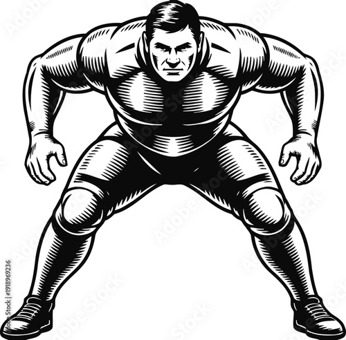 Strong football player in ready stance muscular athlete, sportsman prepared for action american football defense position illustration