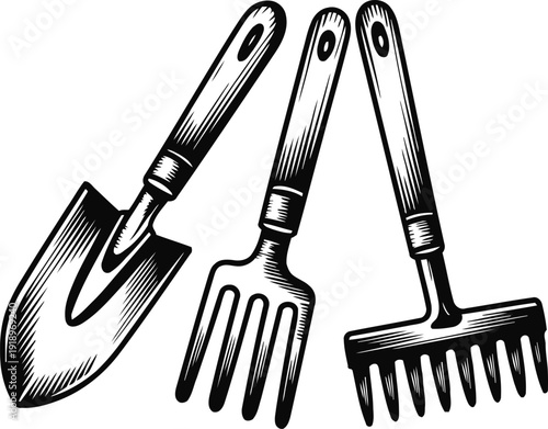 Vintage garden tools set with spade fork and rake in woodcut illustration