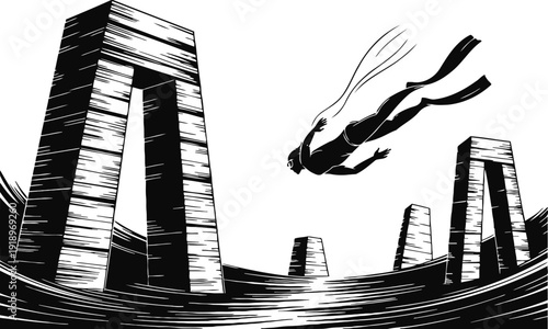 Diver plunging into water near large rectangular stone structures in surreal black and white scene