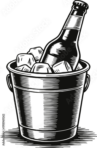 Cold bottle in ice bucket chilled drink container with ice cubes for refreshment and cooling