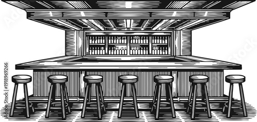 Retro empty bar interior with wooden stools and bottles on shelves in vintage engraving