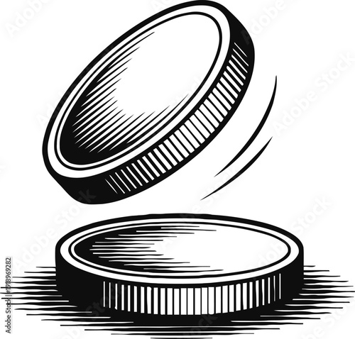 black and white illustration of a coin flipping in midair, showing both sides of currency