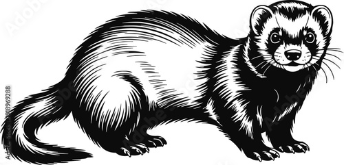 Black and white illustration of a ferret standing, detailed engraving animal drawing