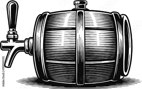 Vintage wooden beer barrel with tap hand drawn barrel illustration for drink, brewery, pub, and alcohol themes