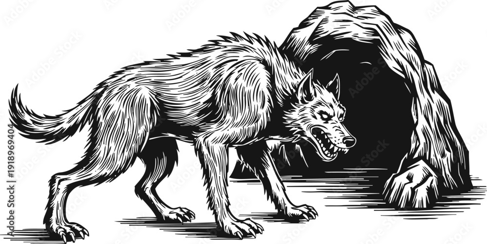Fototapeta premium ferocious werewolf guarding cave entrance snarling with sharp teeth and aggressive posture