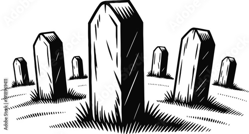 Graveyard with old tombstones in black and white sketch style, eerie cemetery scene