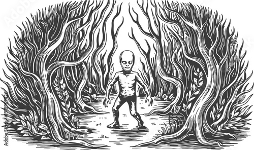 dark mystical forest with twisted trees and eerie humanoid creature standing on path
