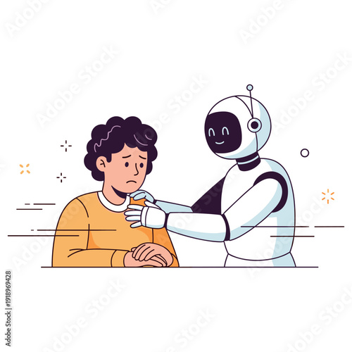 Robot comforting young caucasian male with empathy and support in minimalist style