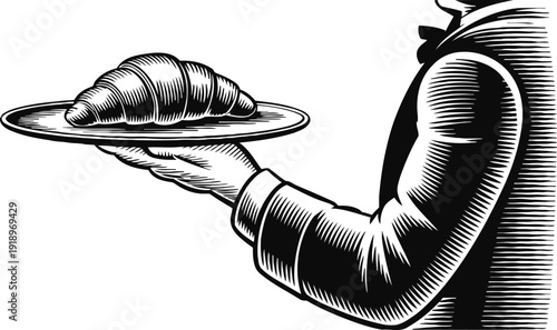 Waiter holding a plate with a croissant vintage retro restaurant or cafe food illustration