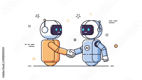 Two cute robots shaking hands: friendly ai interaction concept