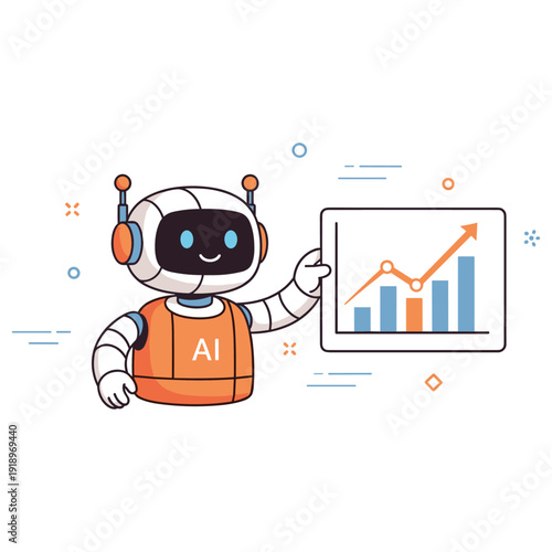 Cute ai robot presenting rising graph with positive data trends