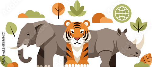 Majestic Wildlife Conservation Elephant, Tiger, and Rhinoceros Symbolize Global Nature Protection Amidst Lush Green Foliage and Environmental Awareness