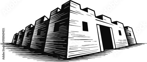 Ancient fortress wall with battlements and arched entrance viewed from corner perspective