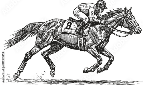 Horse racing illustration with jockey riding fast galloping horse, equestrian sport competition sketch