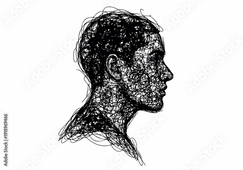 Scribbled Silhouette of a Man's Profile Head, Artistic Abstract Representation of Human Form and Thought