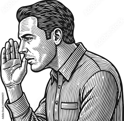 Man whispering secret message, retro vintage engraving illustration on white background