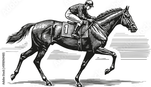 Jockey riding racehorse galloping fast during a horse racing competition in vintage engraving