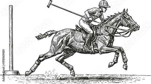 Horse and rider in action during a polo match, player swinging mallet while galloping
