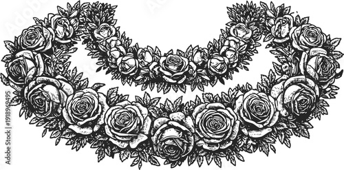 Intricate floral garland with detailed roses and leaves in vintage black ink drawing