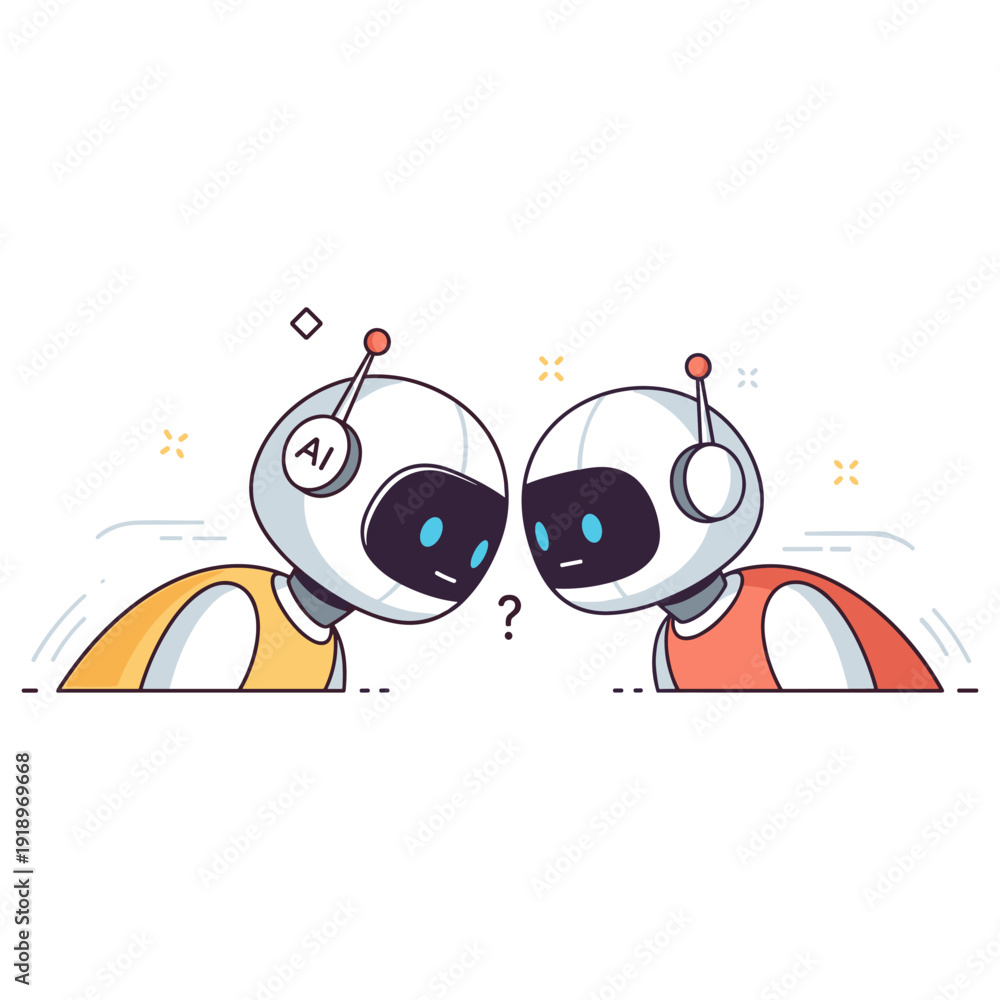 Fototapeta premium Two cute robots facing each other with question mark
