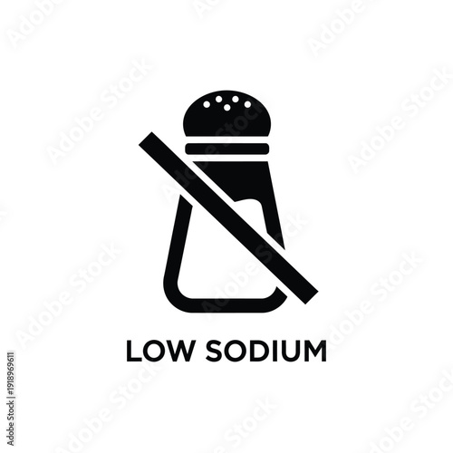 Low sodium sign with salt shaker crossed out indicating healthy eating