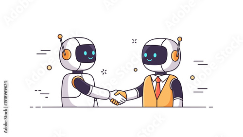 Two friendly robots shaking hands in futuristic collaboration
