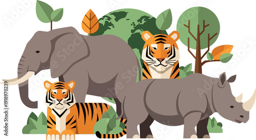 Majestic Wildlife Ecosystem A World of Endangered Animals, Including Elephants, Tigers, and Rhinos, Thriving in a Lush Natural Environment