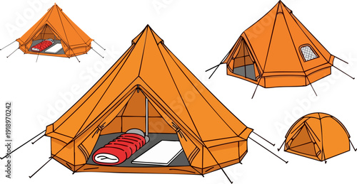 Four orange camping tents vector illustration set. Includes a large bell tent with sleeping bag and mattress, a smaller bell tent, an octagonal tent, and a dome tent