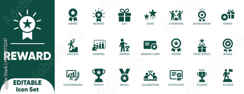 Reward Solid icon set. medal, gift, prize,  badge, trophy, achievement, winner, and vector icons.