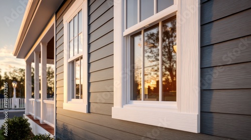 Modern house exterior with grey horizontal siding and white window frames at sunset