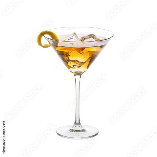 A classic martini cocktail in a stemmed glass with a twist of lemon peel.
