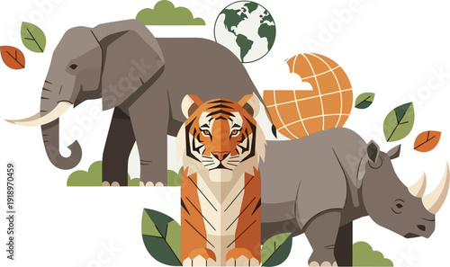 Wild animals conservation and biodiversity awareness with majestic elephant and tiger, and rhino under a globe illustrating global earth and leafy nature