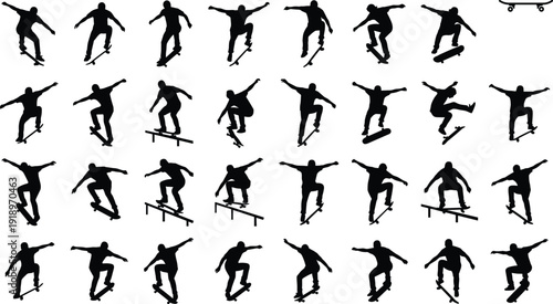 Large skateboarder silhouettes collection performing aerial tricks and rail slides isolated on white background, extreme skateboarding sport action set