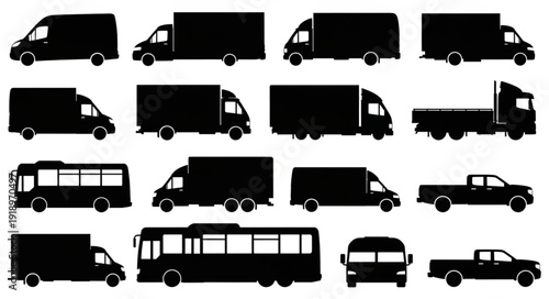 Collection of Silhouetted Commercial Vehicles and Trucks.