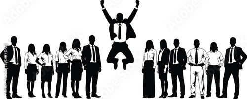 Business team silhouettes with jumping leader isolated on white background corporate success teamwork leadership concept vector illustration set