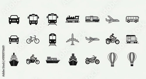 Collection of transportation icons and symbols for travel and logistics.