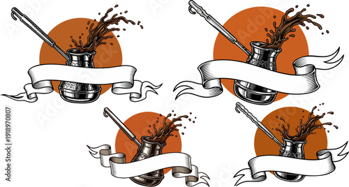 Four hand-drawn vector illustrations of a traditional Turkish coffee pot with splashing coffee, each featuring a blank white ribbon banner for custom text
