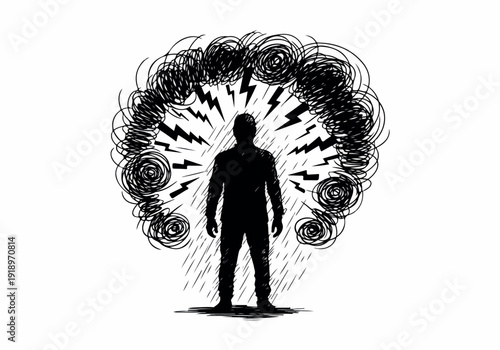 Silhouette of a person with a chaotic storm of thoughts or emotions swirling around their head, representing mental stress, anxiety, or overwhelm