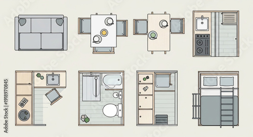 Top down view of various apartment floor plans and layouts.