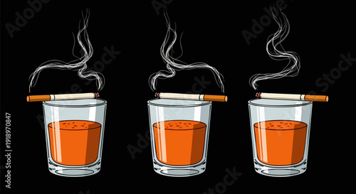 Three lit cigarettes resting on glasses of amber liquid, emitting wisps of smoke, isolated on a black background. This vector illustration depicts a concept of addiction or unhealthy habits.