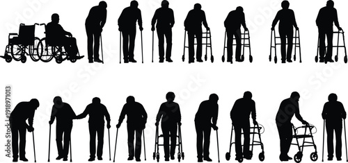 Elderly people silhouettes with walking cane wheelchair and walker isolated on white background senior healthcare mobility support concept vector