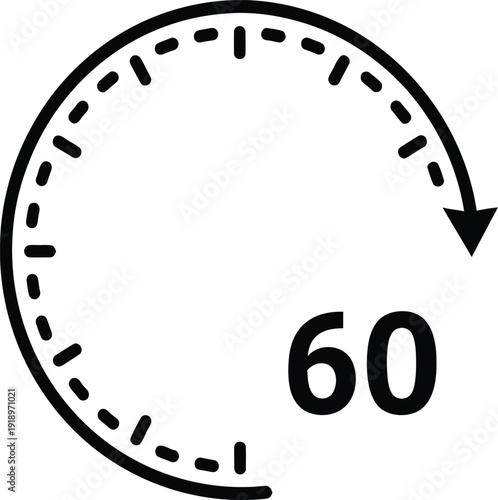Black sixty minute timer icon with arrow and dashed line circle for countdown time management deadline or productivity concept illustration