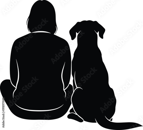 Woman sitting with loyal dog silhouette isolated on white background friendship companionship love and pet owner relationship concept vector
