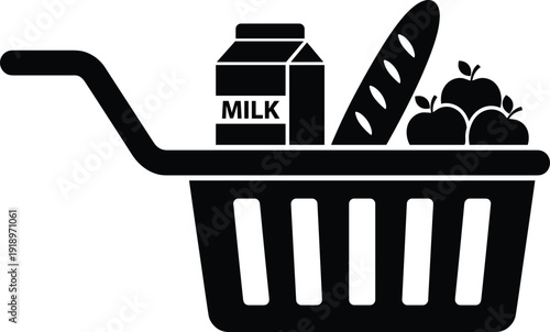 Black and white shopping basket icon with milk carton, bread loaf, and apples symbolizing groceries, retail, food, and consumer goods