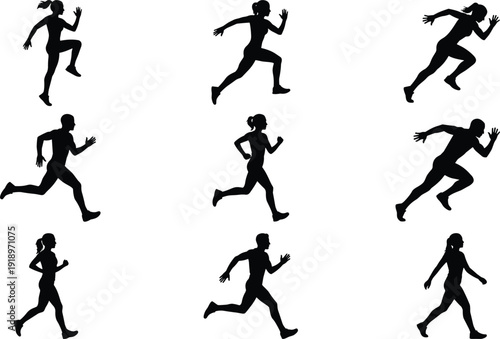 Running athlete silhouettes collection isolated on white background, men and women sprinting and jogging poses set for fitness and sport design