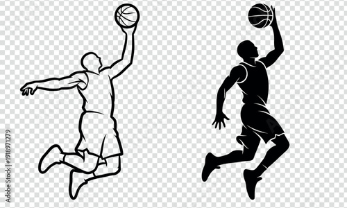 Two basketball players in mid air during a competitive game or practice session