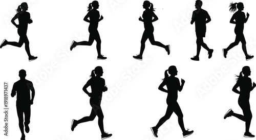Running people silhouettes set isolated on white background, men and women jogging collection illustration for fitness, sport and healthy lifestyle design