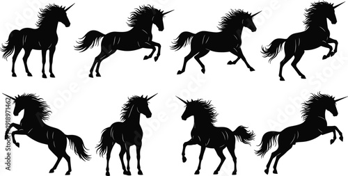 Unicorn silhouette collection with running and rearing mythical horses isolated on white background fantasy animal vector illustration set